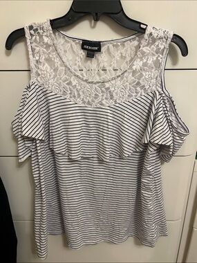 Joe Boxer White Lace & Navy Striped Cold-Shoulder top